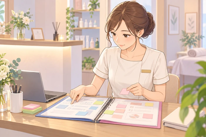 自分の担当範囲と周囲の事例を比べているエステティシャンの姿を描いた画像