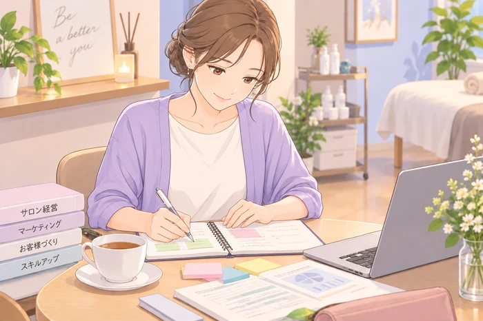 サロンの小さなテーブルで『分からないことは確認して学ぶ』と短くメモした付箋を手にする女性エステティシャンの画像