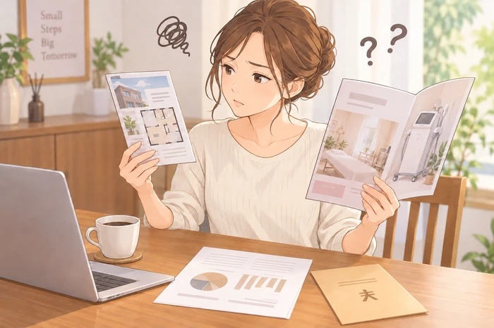 物件資料と美容機器のカタログを両手に持ち、どちらを優先すべきか迷っているエステサロン開業準備中の女性の姿を描いた画像
