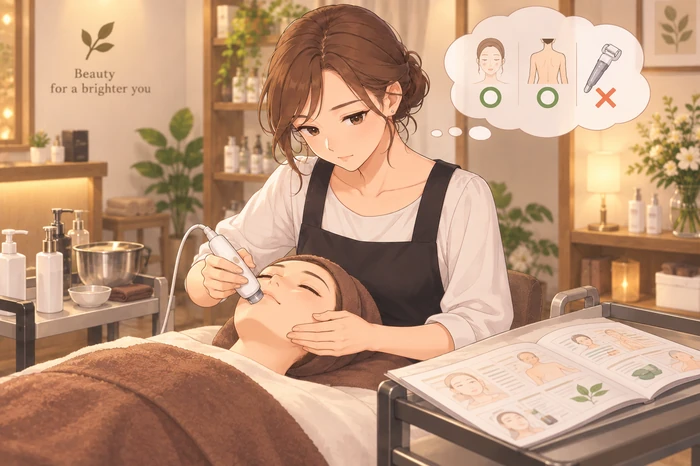 サロンの施術メニューを見て、どの施術に資格や免許が関係するかを考える女性オーナーの画像