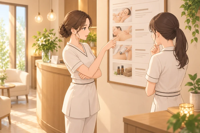 サロンのメニュー前でメニュー表を指し示しながらスタッフと話す女性オーナーが、提供内容とエステサロン開業 法律を決める場面の画像