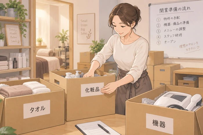 開業時の中心施術を決めた女性オーナーが、機材や備品の箱に『化粧品』『タオル』『機器』などのラベルを付けて整理している様子を描いた画像