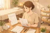 女性サロンオーナーが事務机で開業当時の料金表と現在の施術メモを見比べている様子のイラスト画像