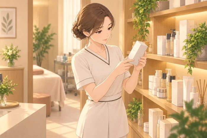 店内の棚で化粧品のパッケージを手に取り、成分表示をスタッフと見比べる女性オーナーが薬機法に関わる表現を検討する様子の画像
