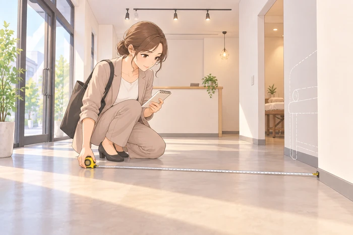内覧中の店舗で、女性オーナーがメジャーで床の幅を測りながら施術ベッドの設置場所を想定している様子を描いた画像