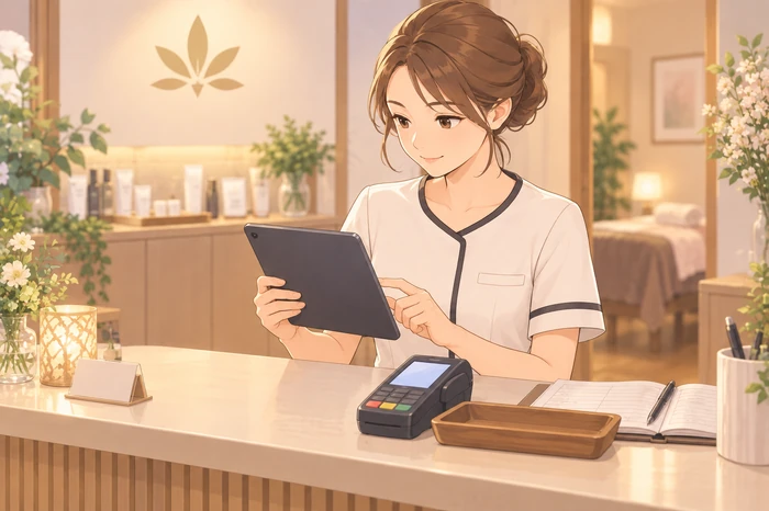 受付カウンターでエステオーナーが予約ボード(抽象的表示)と簡易の会計端末を確認し、隣で顧客情報を記録する準備をしている画像