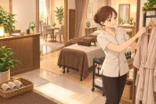 サロンオーナーが店内で来店から会計までの動線を想定して、スリッパや荷物置き、ガウン、タオル、カウンセリング用の椅子とテーブルを配置して確認している画像