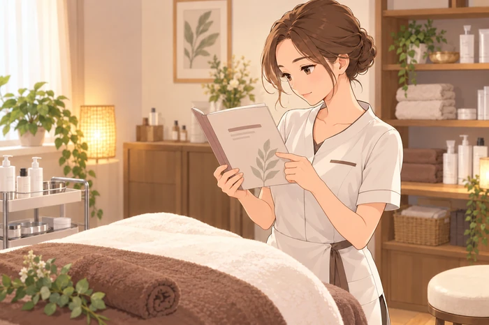 施術範囲を決めながら必要な資格や届出を考える女性エステティシャンの作業風景画像