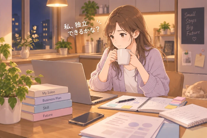 技術面の不安と運営面の不安を付せんで分けて整理するエステティシャンの画像