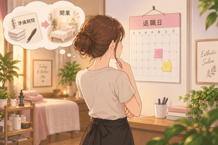 壁に並べた二つのカレンダーで退職日と開業予定日を別々に検討するエステティシャンの手元の画像