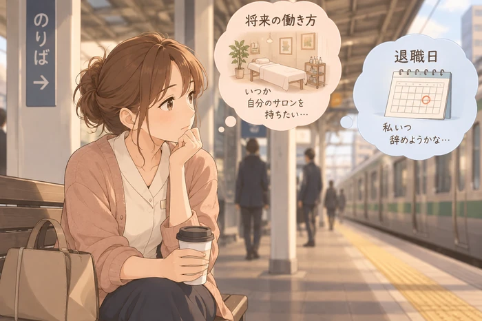『将来の働き方』と『退職日』の二列に分けて紙に整理するエステティシャンの画像
