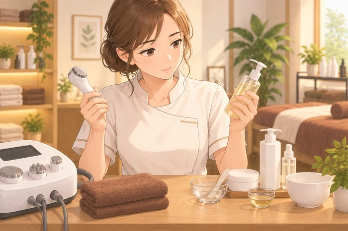 まつ毛施術用の小物とシェービングに近い道具を見比べ、どちらに免許が関係するか考えるサロンオーナーの画像