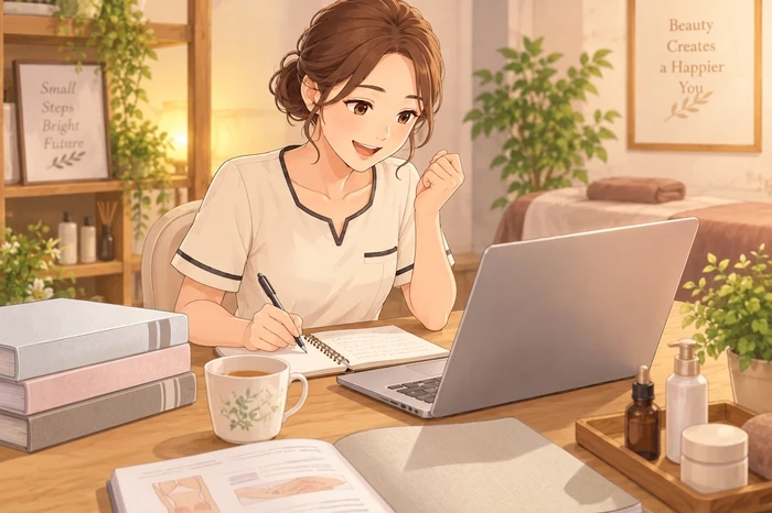 開業に必要な手続きと民間資格での学びを分けて整理しようとするエステサロンオーナーの画像