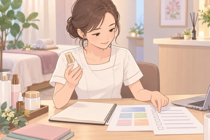 スキンケア用品を手に取りながら、別の書類で運営事項とを比較しているエステティシャンの画像