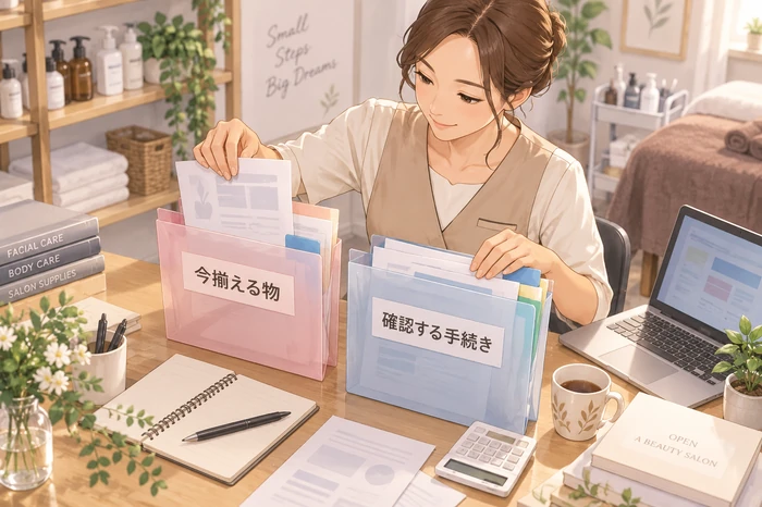 営業開始に必要な備品と、資格・手続きなど後で確認する書類を分けてフォルダに入れる女性オーナーの作業を描いた画像