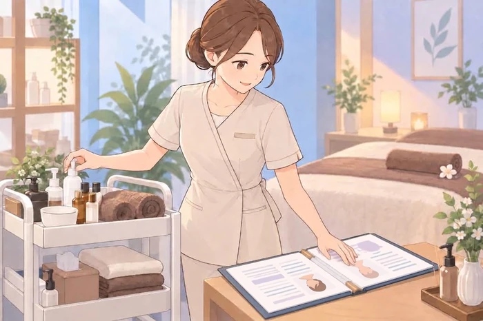 施術用ワゴンを整えながら隣のカウンセリング資料を確認する女性エステティシャンの画像