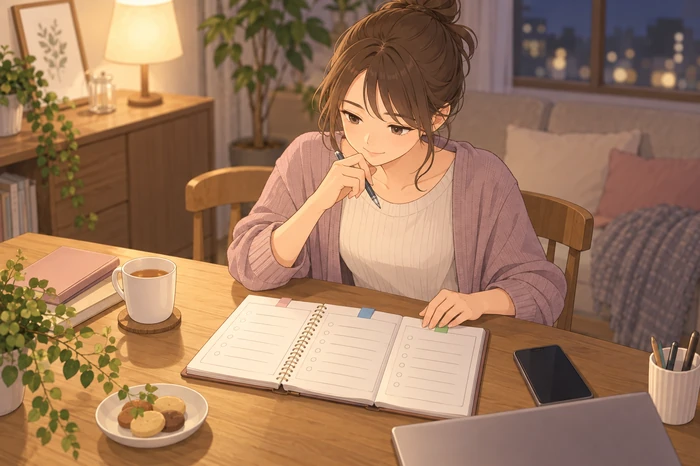 自宅のテーブルで夜にプランナーを開き「未決定」「未確認」「未準備」を想定してページを分け、次の行動を考える女性オーナーの様子が分かる画像