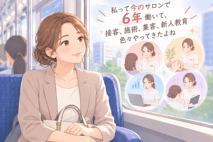 タブレットで学習動画を再生しながら、隣に経験チェック表を置く女性エステティシャンの画像