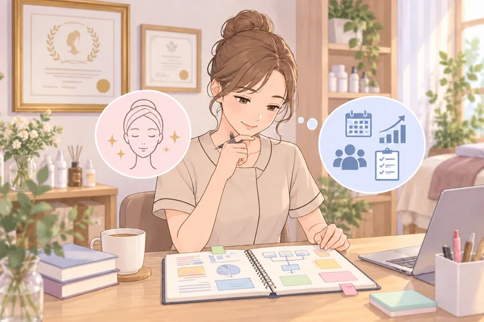 壁に掛かった認定証の近くで経営ノートを開き比較する女性エステティシャン、技術と経営の違いを表す画像