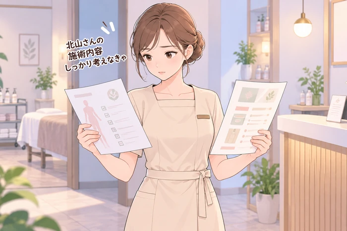 施術用のカルテとサロン運営の資料を両手に持ち、仕事の役割の違いを確認するエステティシャンの画像