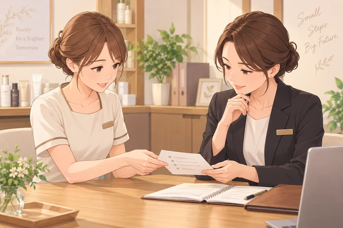 上司と落ち着いて退職時期や引き継ぎ案を話し合うエステティシャンとマネージャーの画像