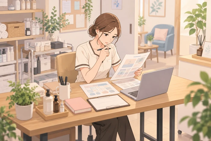 バックヤードのデスクで、メニューや営業時間のテンプレートを前に考え込む女性エステティシャンの画像