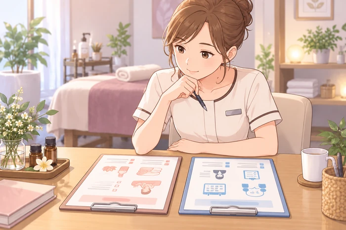 二つの簡易クリップボード（施術中心のアイコンとカウンセリング＋予約のアイコン）を並べて比較する女性エステティシャンの画像