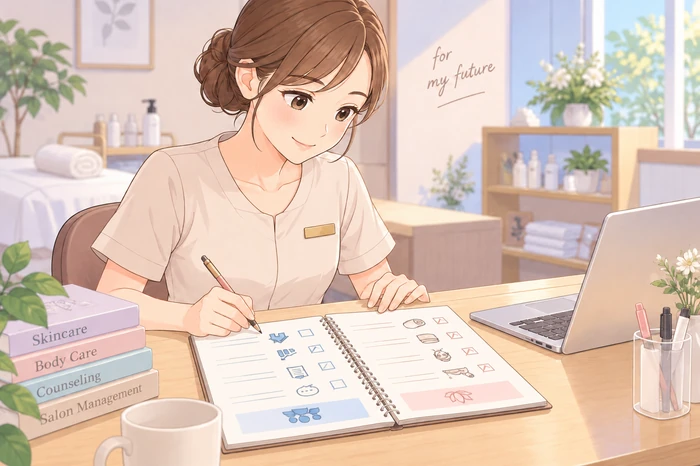 経験した業務の項目を二列に分けてチェックするノートを作る女性エステティシャンの画像