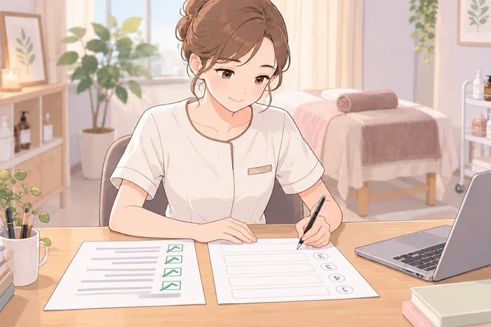 チェック済みの業務リストと空欄の計画表を並べ、どちらが経験でどちらが未決かを確認するエステティシャンの画像