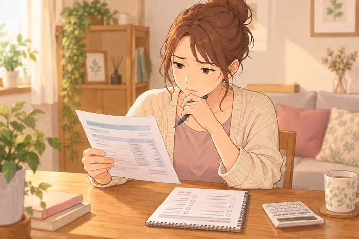 給与明細のような抽象的な書類と自分の家計メモを見比べるエステティシャンの画像