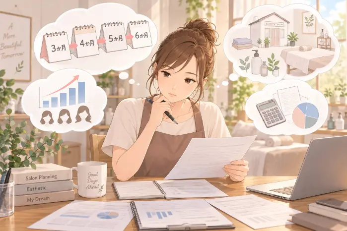 テーブル上で小さな2つの資金の山(3か月分と6か月分)を見比べ、どちらを選ぶか判断する女性サロンオーナーの画像