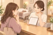 施術後に施術内容と確認点を整理しているエステティシャンと、次回予約の話を受ける顧客のやり取りが描かれた温かみのあるアニメ調イラスト画像