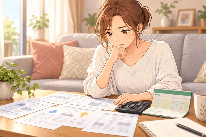 リビングで家賃と光熱費の請求書を広げ、開業後に残す生活費を計算する女性サロンオーナーの画像