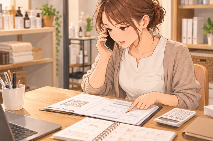 見積もりとカレンダーを手元に置いて銀行へ確認の電話をかける女性オーナーの画像