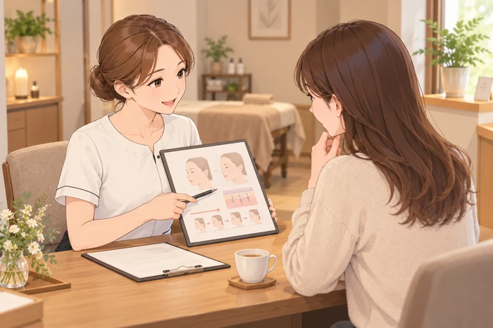 施術後にエステティシャンが今回確認した状態と次回に確認する内容を結びつけて顧客に説明している来店周期の案内画像