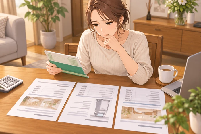 自宅のテーブルで見積もりと通帳を並べて残高と支払いを比較する女性サロンオーナーの画像