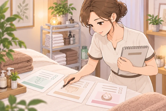施術ベッド横で、女性オーナーが提供予定メニューを書き出した簡略メモを見ながら、どの届出が必要かをチェックしている画像