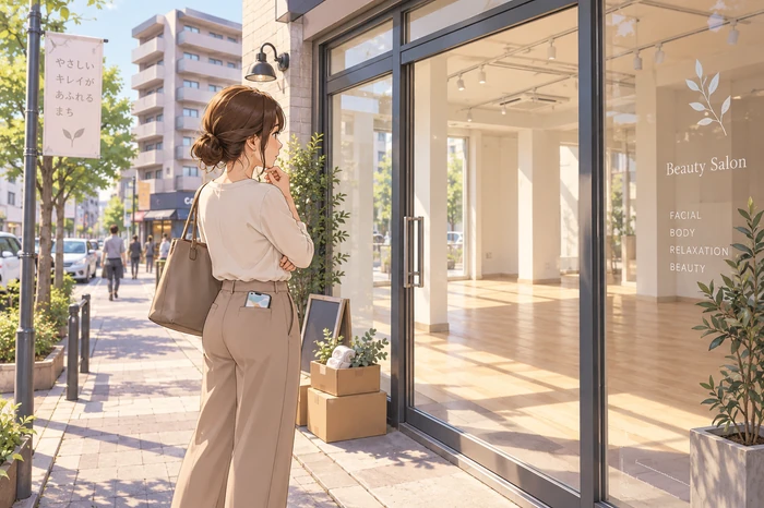 街の路面店の空き物件の前に立ち、窓ごしに室内の広さを確認する女性オーナーのイラスト画像