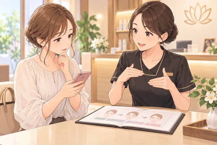 受付付近でお客様が「予定が落ち着いてから」と伝え、エステティシャンが施術上の目安と理由を丁寧に伝えている来店周期に関する画像