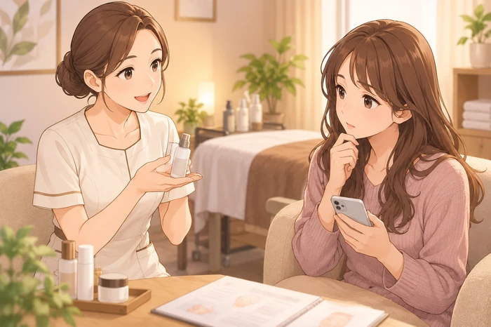 受付カウンターでエステティシャンが「ご都合のよい時に」と穏やかに伝え、顧客が予定を思案している様子を描いた次回予約と来店周期に関する画像