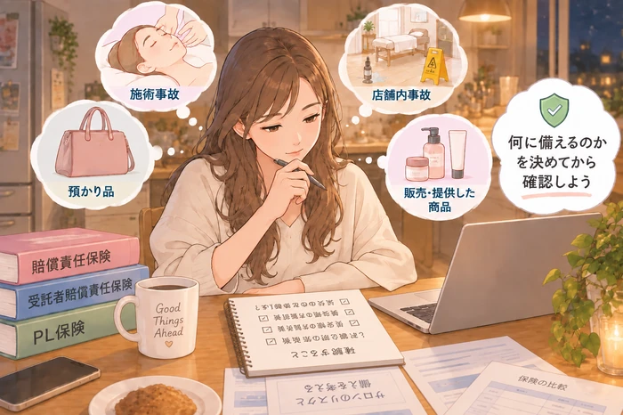 サロンの施術メニューと店舗設備を指しながら、何に備えるかをスタッフと相談するオーナーの画像