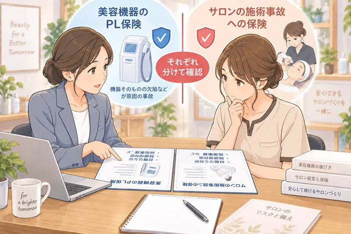 導入した美容機器をスタッフと確認し、メーカー側の保険とサロンの保険を分けて考える女性オーナーの画像