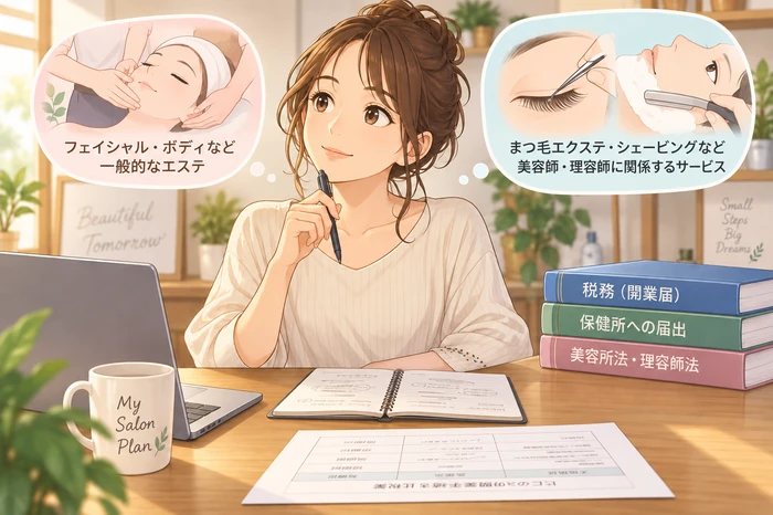 サロンの受付で、女性オーナーが税務用の書類と営業用の書類の入った2つのフォルダを持ち立っている様子の画像