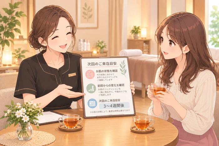 施術後にエステティシャンが来店周期の目安を顧客に説明し、受付がその場で無理に予約を入れない対応をしている場面の画像