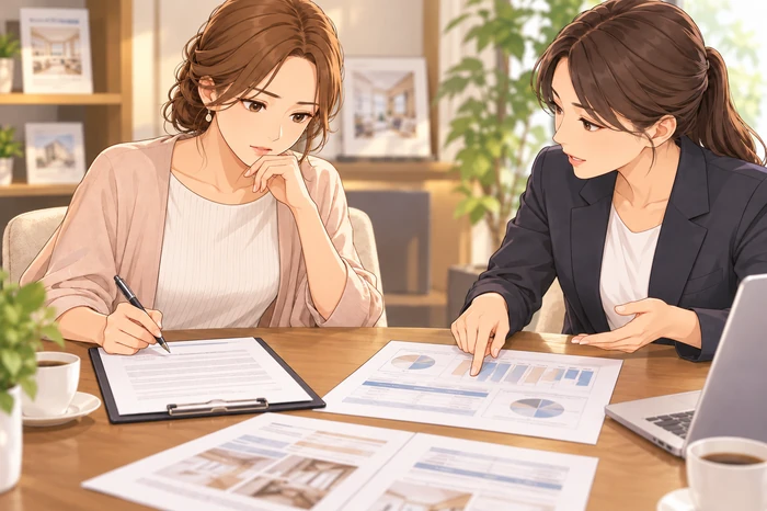 不確定な見積もりが残る契約書を前に、署名を止めて考える女性オーナーの画像