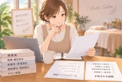 個人で開業準備を進める女性オーナーが、自宅のテーブルで税務書類と営業届出に関する資料を見比べる様子の画像