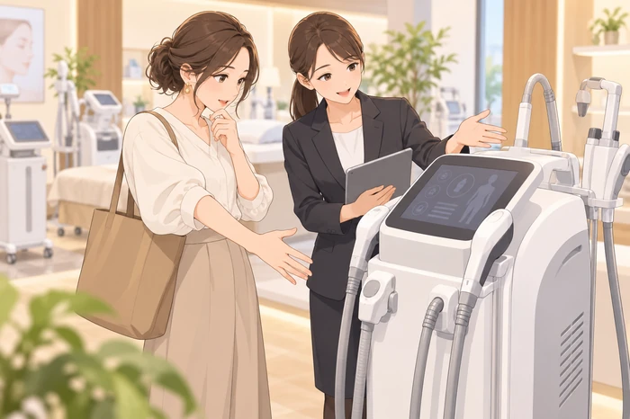 美容機器のショールームで機器の大きさや操作パネルを確認する女性オーナーと販売担当者のイラスト画像