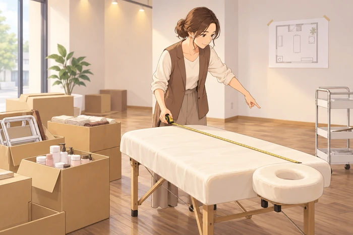 空の店舗で施術ベッドの寸法を測り、箱に入ったタオルや化粧品サンプルを見ながら開業準備を考える女性サロンオーナーのイラスト画像
