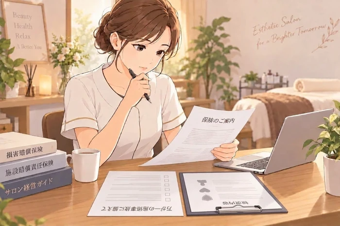 エステサロン開業で自分の提供施術と保険の補償範囲を照らし合わせる女性オーナーの画像