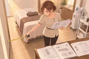 空のサロン内で物件図面と機器見積もりを広げ、テープメジャーで床寸法を測る女性サロンオーナーの画像